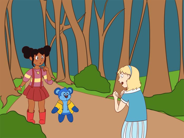 Two girls and toy bear in forest.