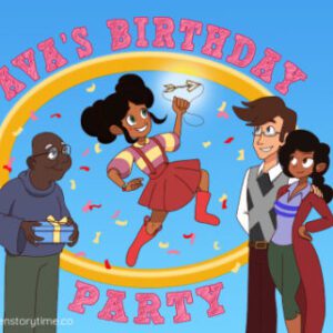 Cartoon birthday celebration with family and friends.