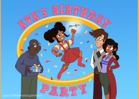 Cartoon birthday celebration with family and friends.