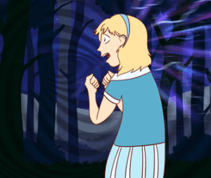 Animated girl in eerie, dark forest scene.