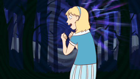 Animated girl in eerie, dark forest scene.