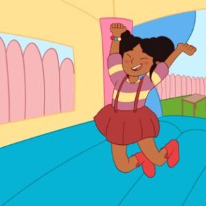 Girl jumping happily in a bounce house.