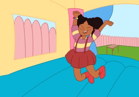 Girl jumping happily in a bounce house.