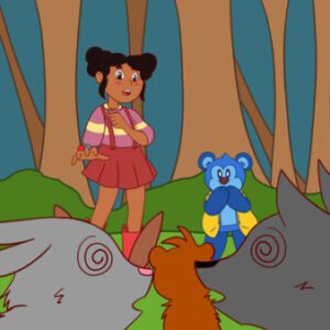 Girl and bear surrounded by animals in forest.