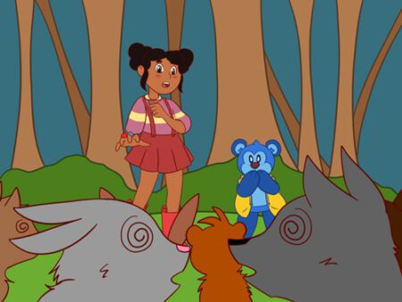 Girl and bear surrounded by animals in forest.