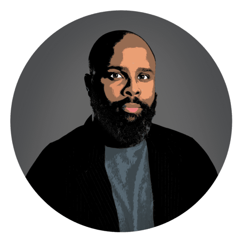 Illustrated portrait of a bearded person.