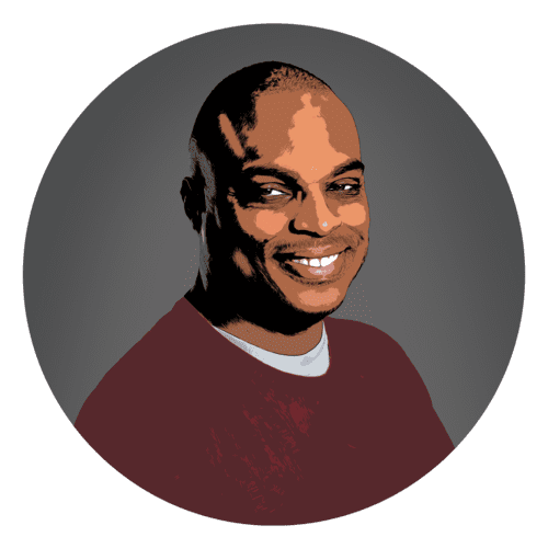 Smiling man in a circular portrait illustration.