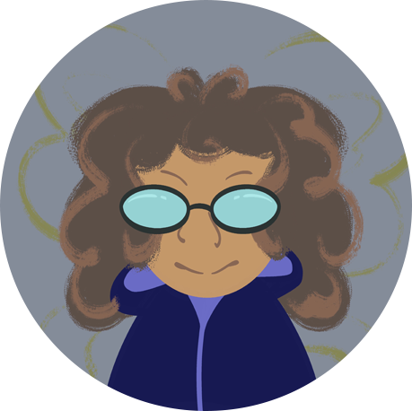 Cartoon person with curly hair and glasses.