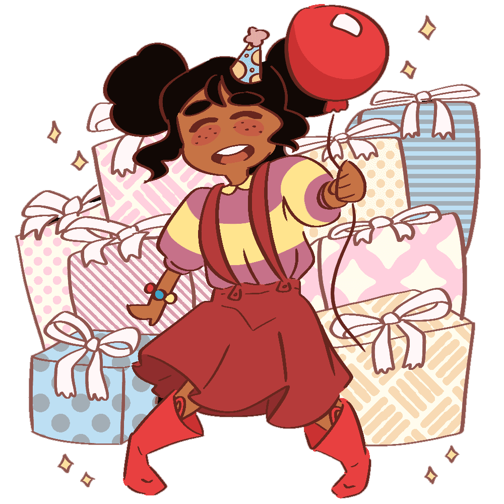 Child holding balloon, surrounded by gifts.