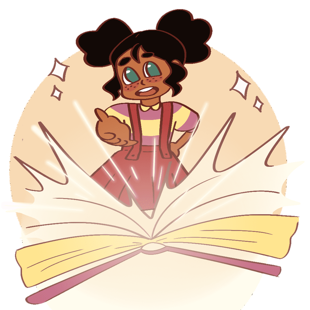 Cartoon girl emerging from magical book.