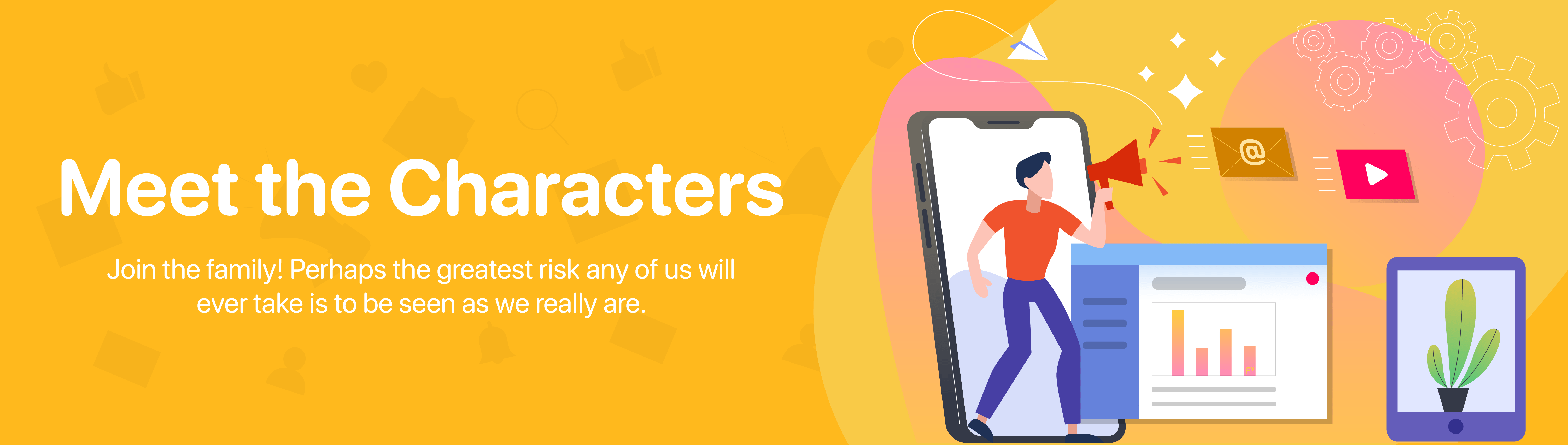 Meet the Characters" promotional graphic illustration.