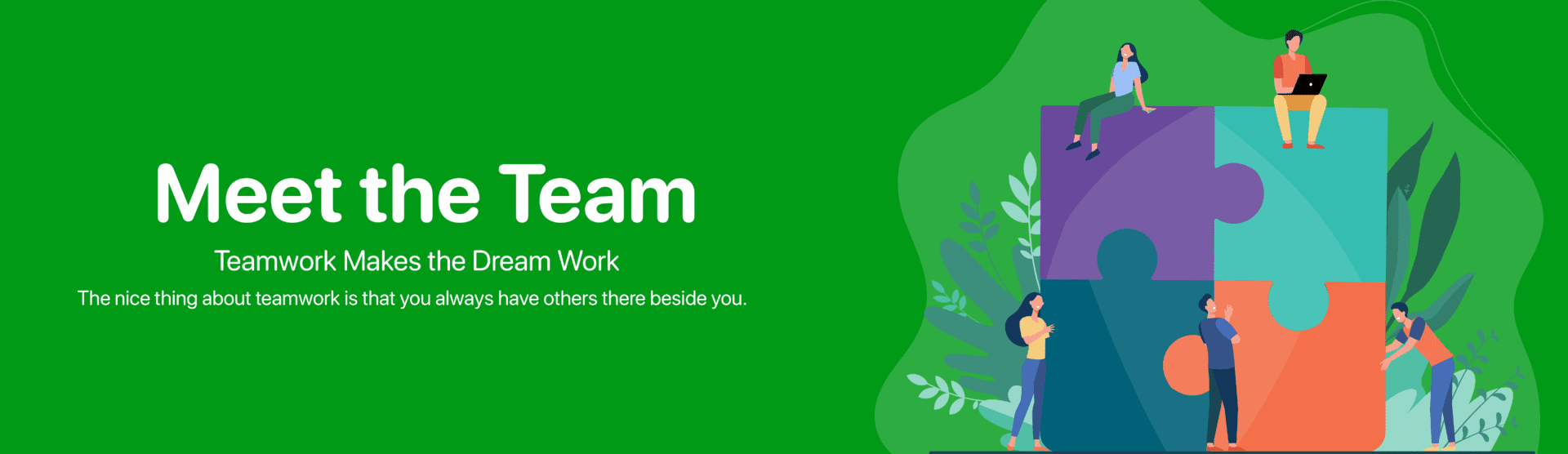 MEET_THE_TEAM_BANNER_GREEN-min Teamwork concept with people and puzzle pieces.