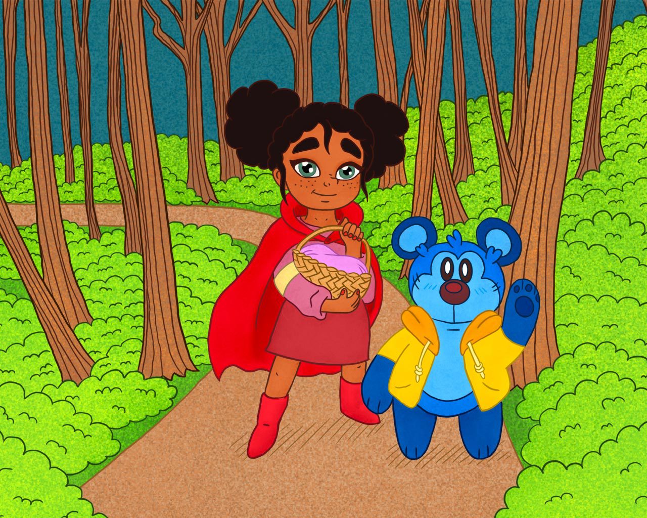 Girl and bear walking in forest path.