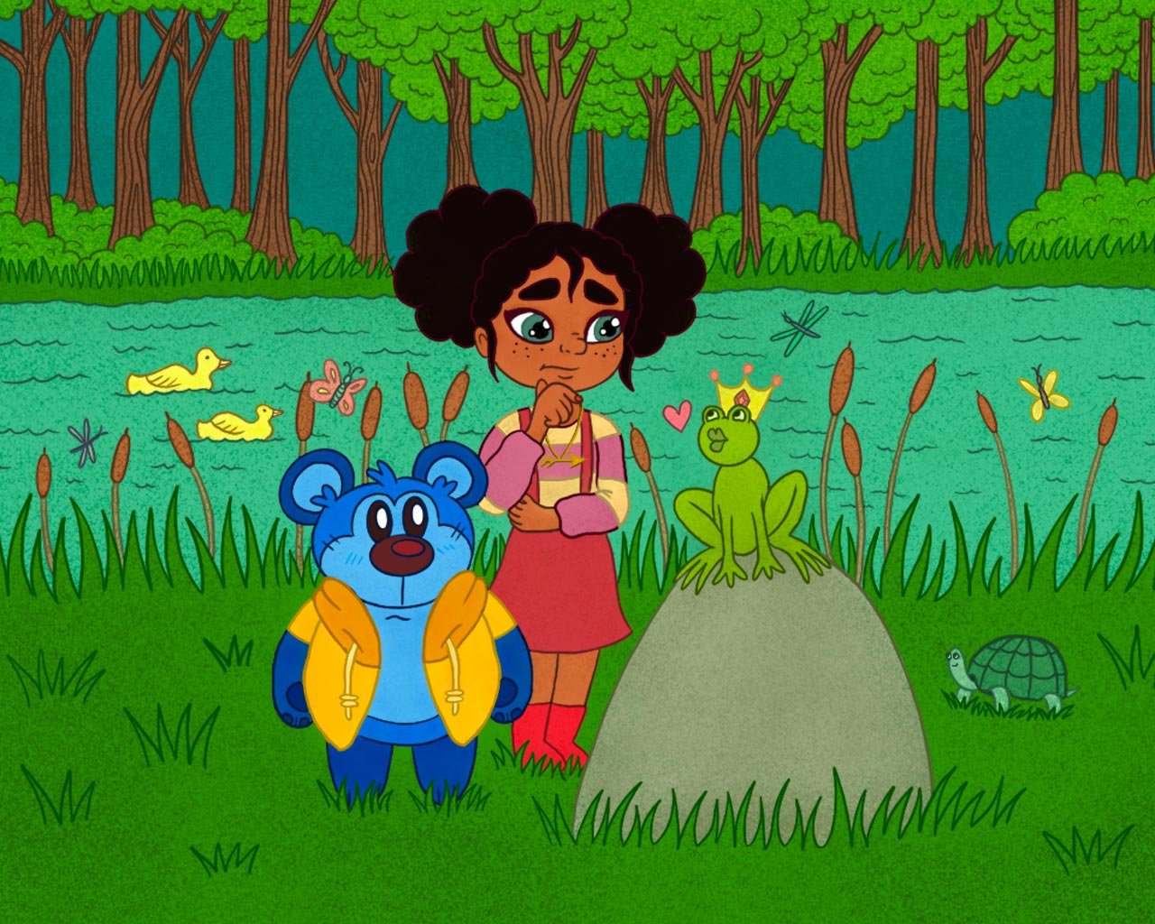 Girl and bear with frog in forest.