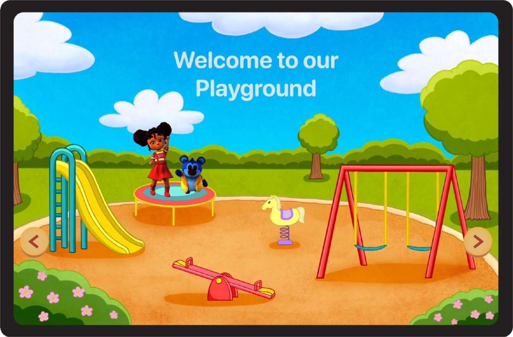 Colorful playground with various play equipment.