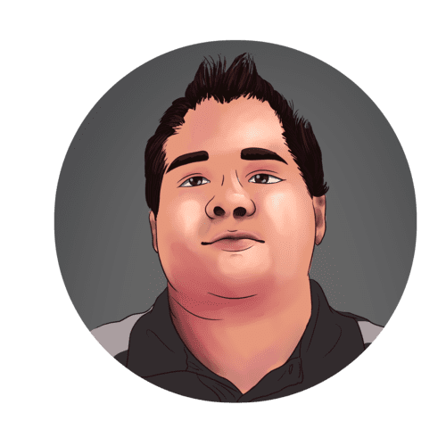 Illustrated portrait of a person with dark hair.