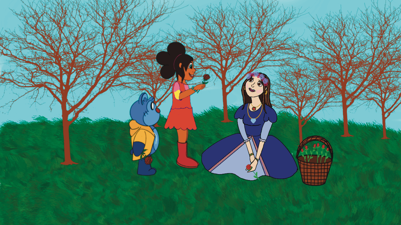 Characters in a grassy field with trees.
