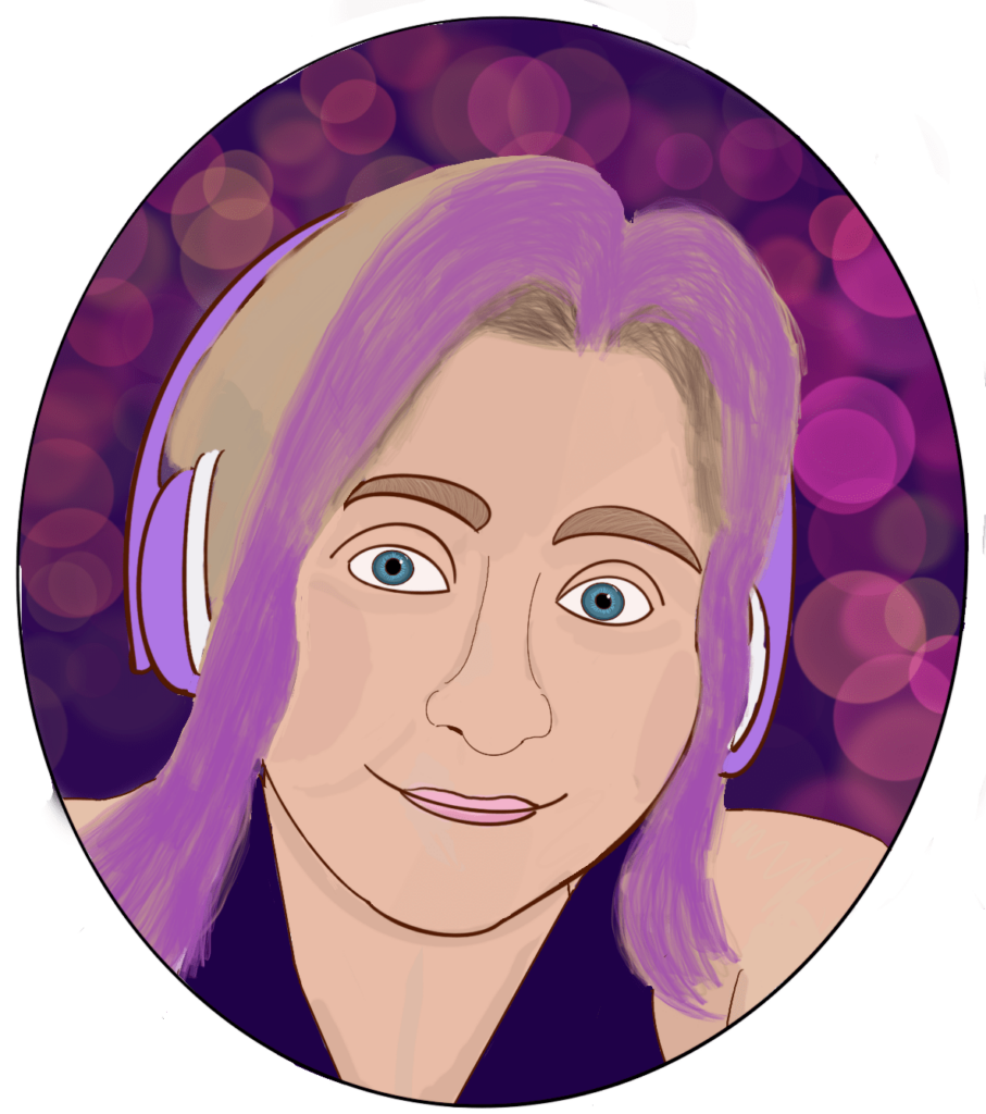 Illustration of person with purple hair, headphones.