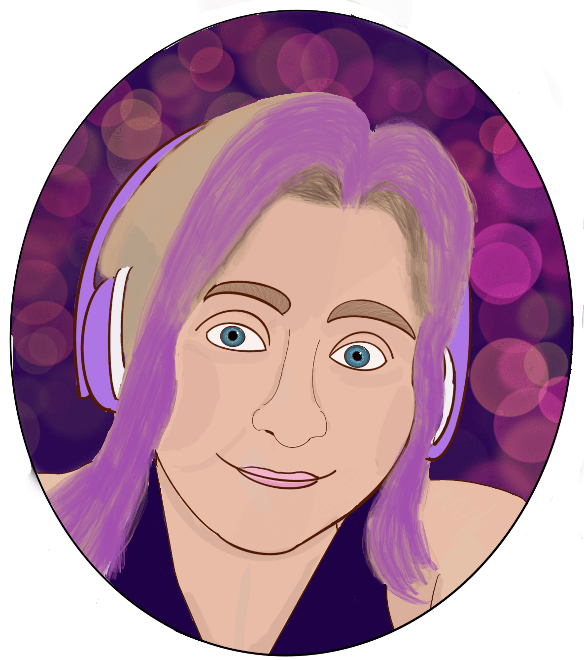 image0-2-min Illustration of person with purple hair, headphones.