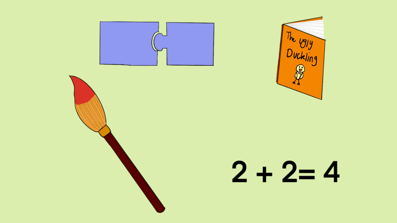 Puzzle, book, brush, equation on green background.