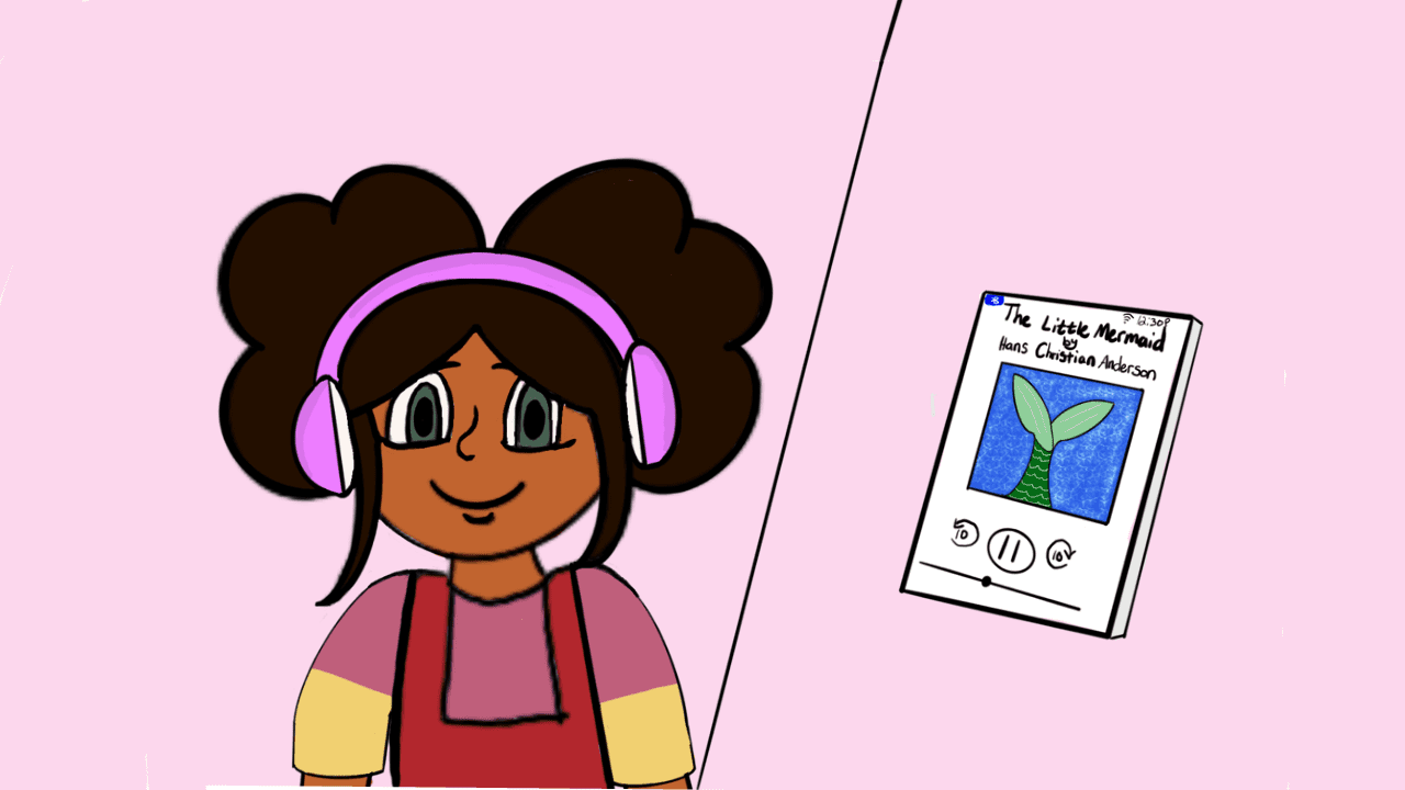 Girl with headphones listening to audiobook.