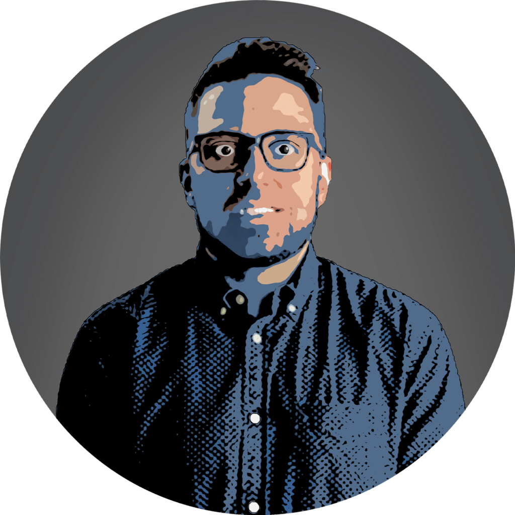 Stylized portrait of a man with glasses.