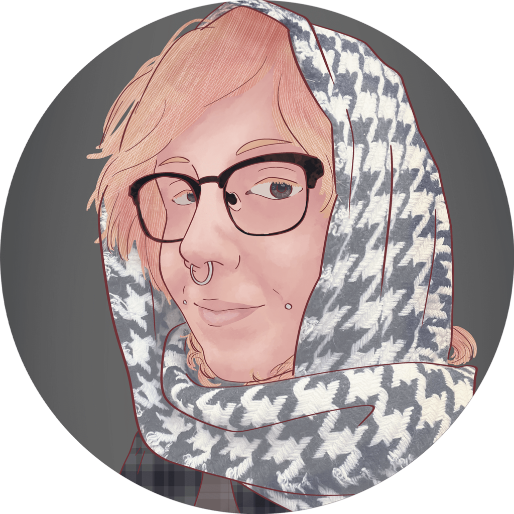 Illustration of person with glasses and scarf.