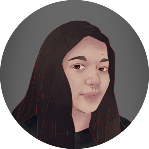 Illustrated portrait of a woman with long hair.