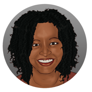 Smiling illustration of a woman with curly hair.