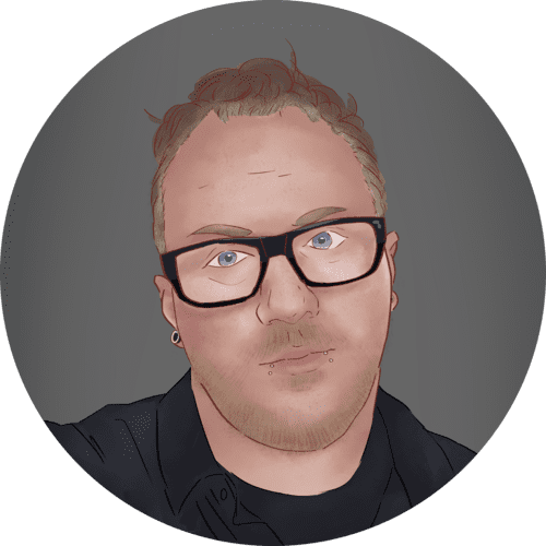 Illustrated person with glasses and piercings.