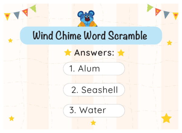 A wind chime word scramble game with answers.