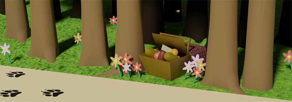 A box of fruit sitting in the grass next to flowers.