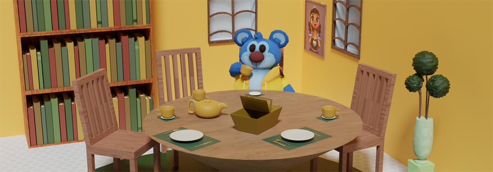 A cartoon bear sitting at the table with a tablet.