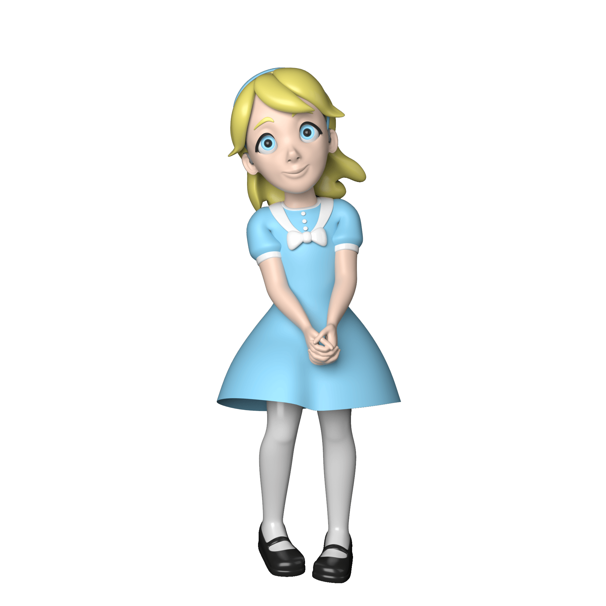 Animated girl in blue dress smiling.