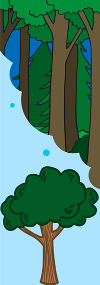 A cartoon of trees and bushes in the background.