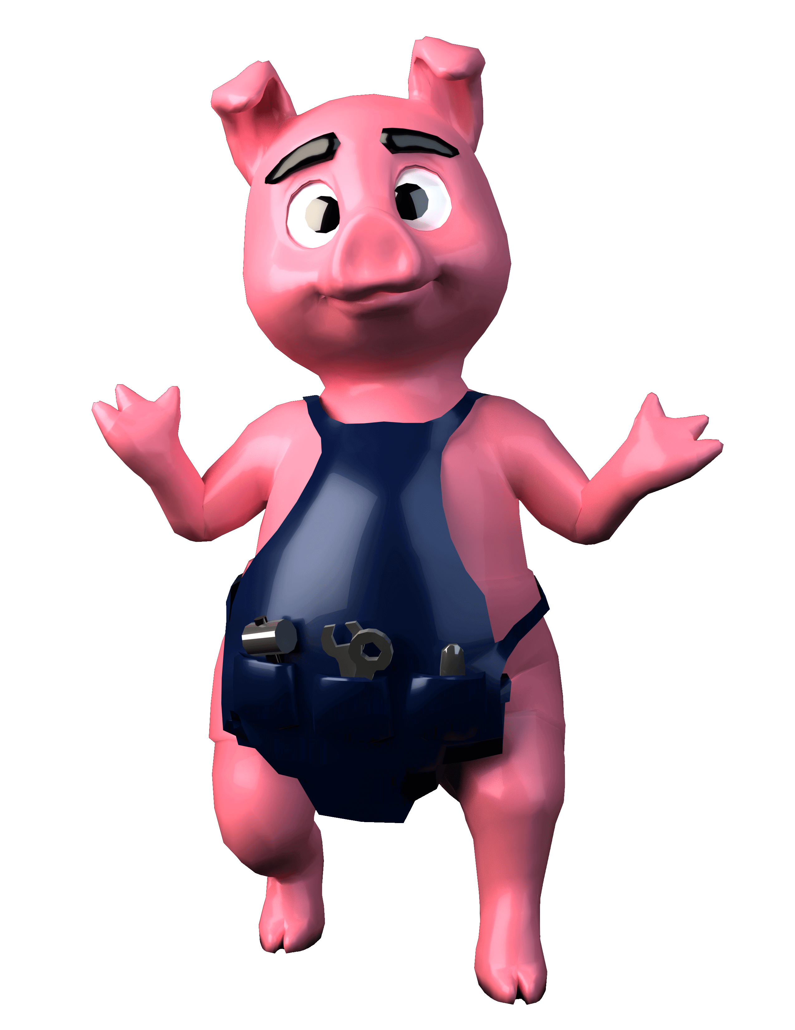 Animated pig character wearing a blue apron.