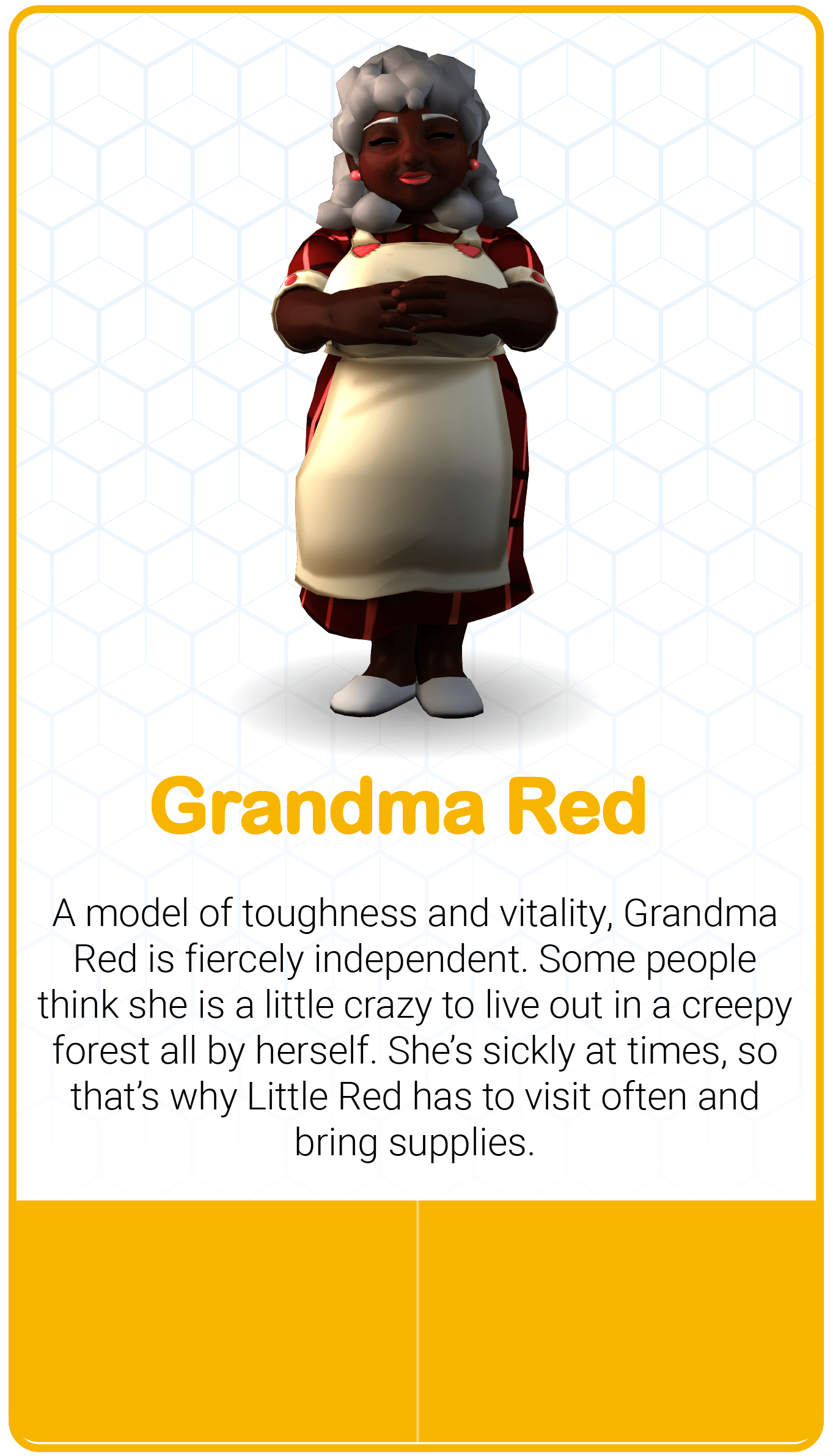 Grandma Red character description card.