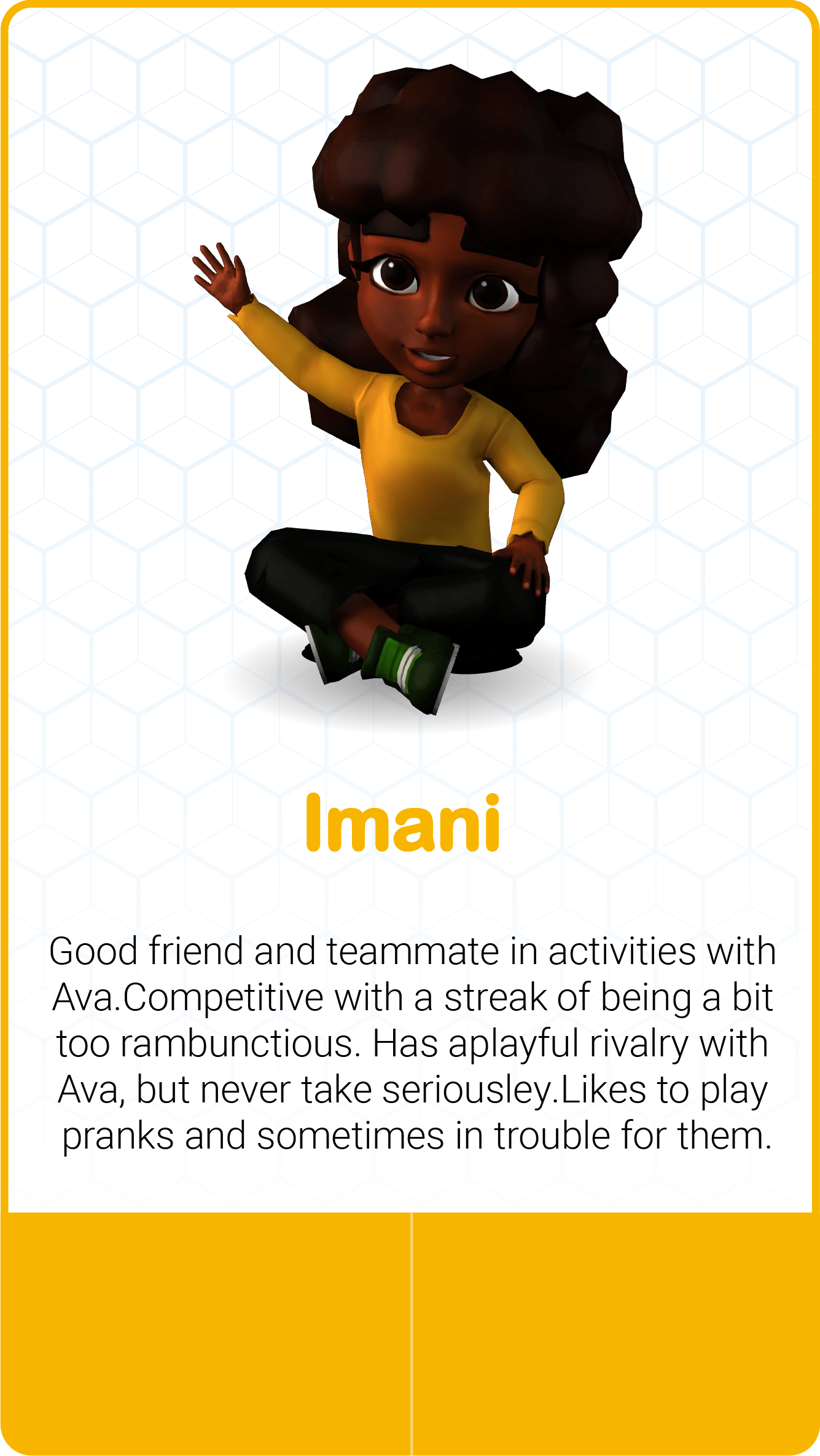 Character Imani sitting, smiling, and waving.