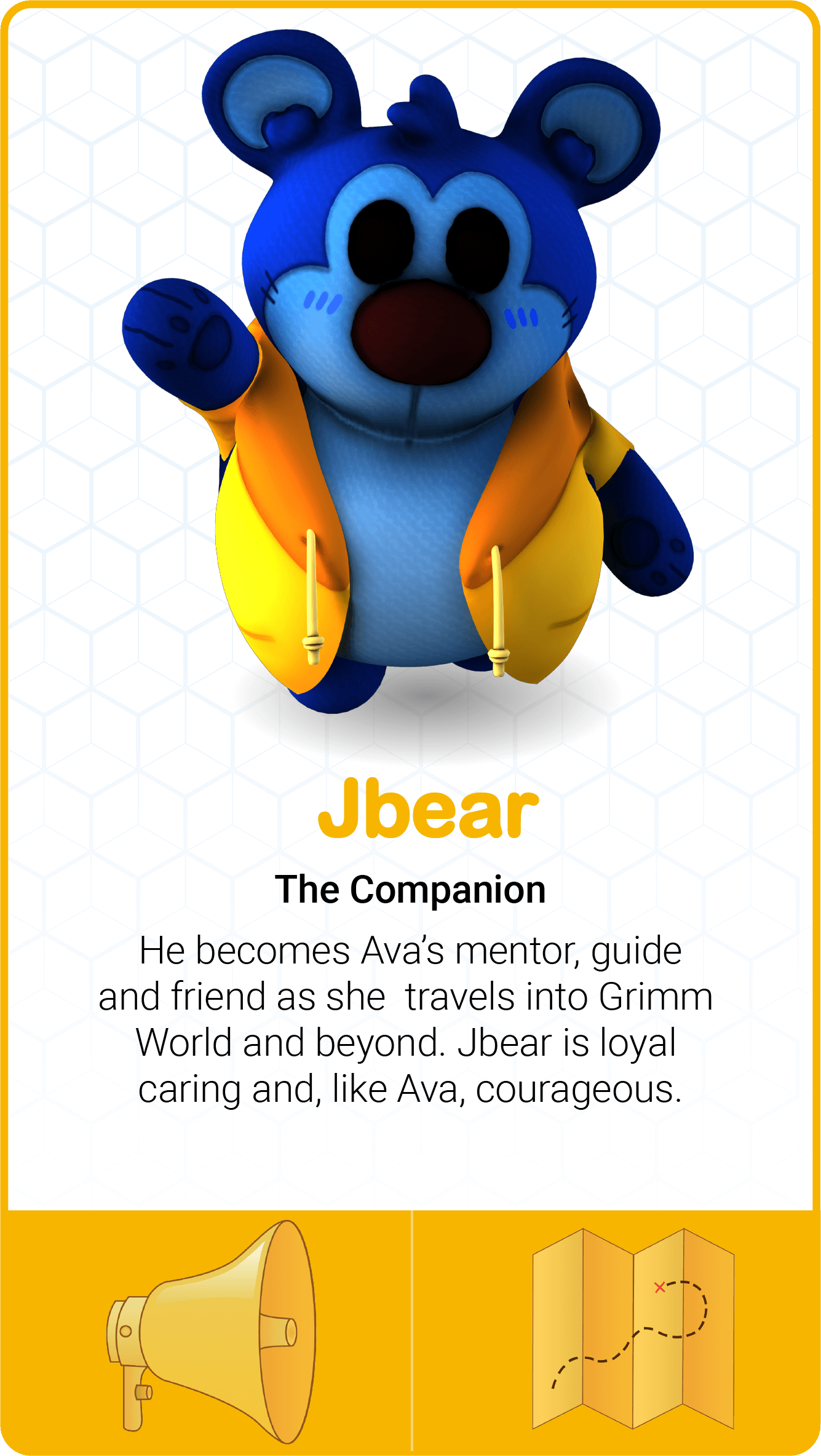 Blue bear character with yellow vest.