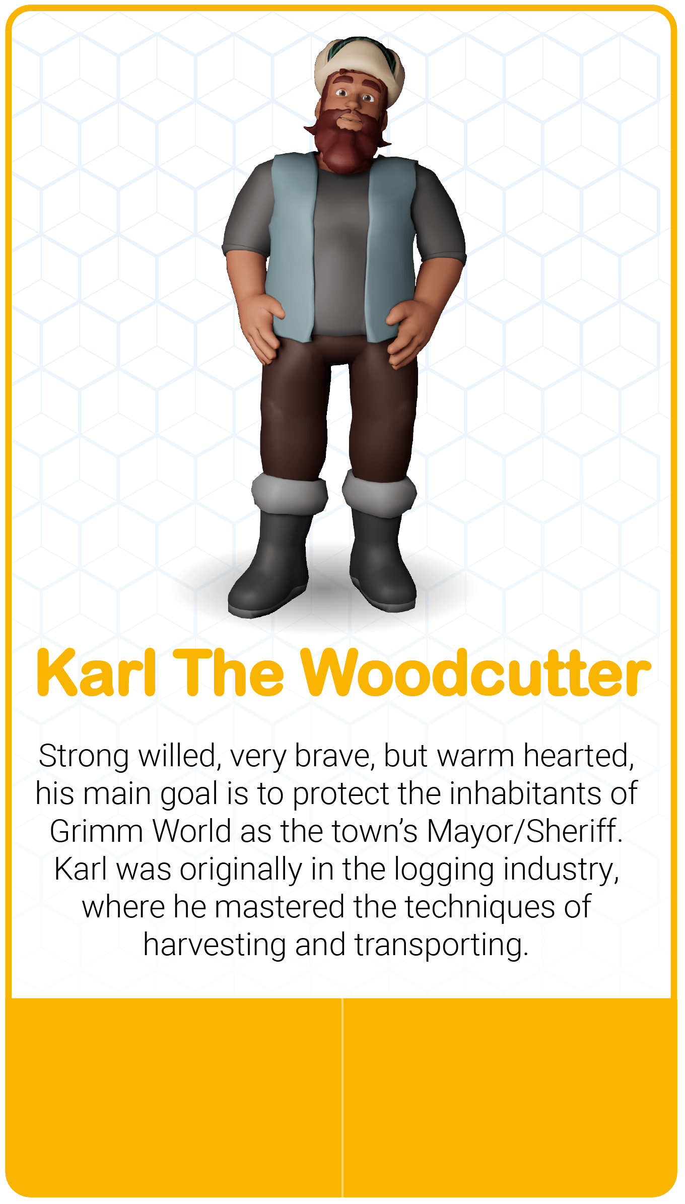 Karl the Woodcutter character description card.