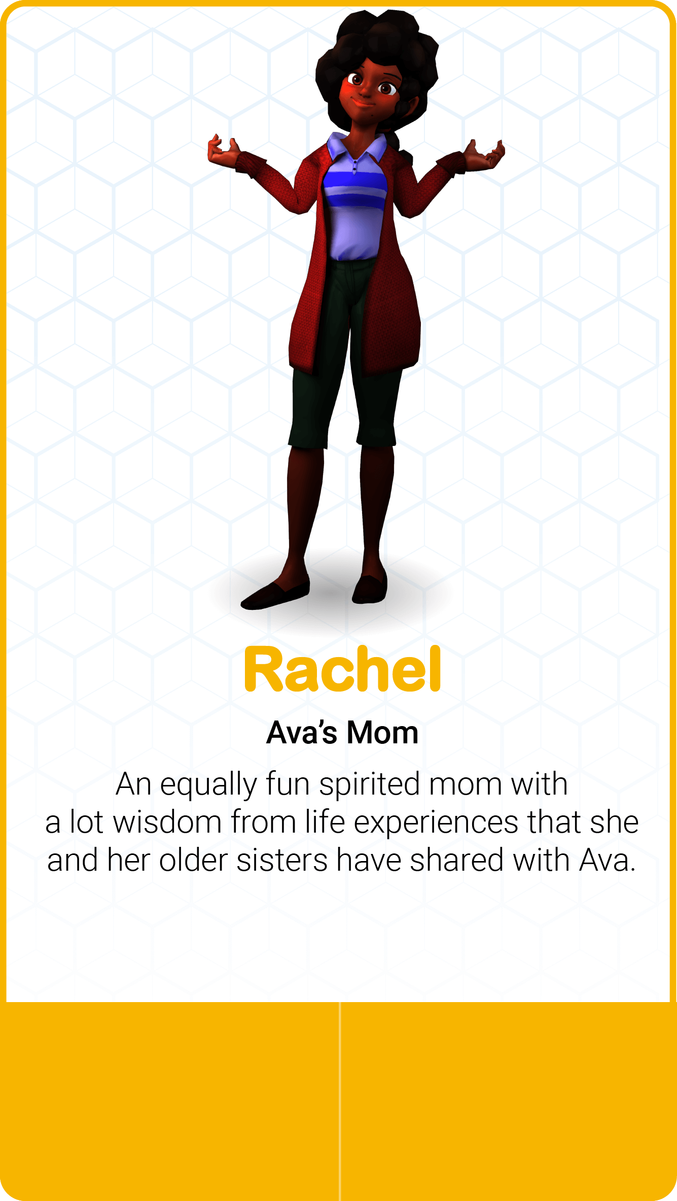 Character description of Ava's mom, Rachel.