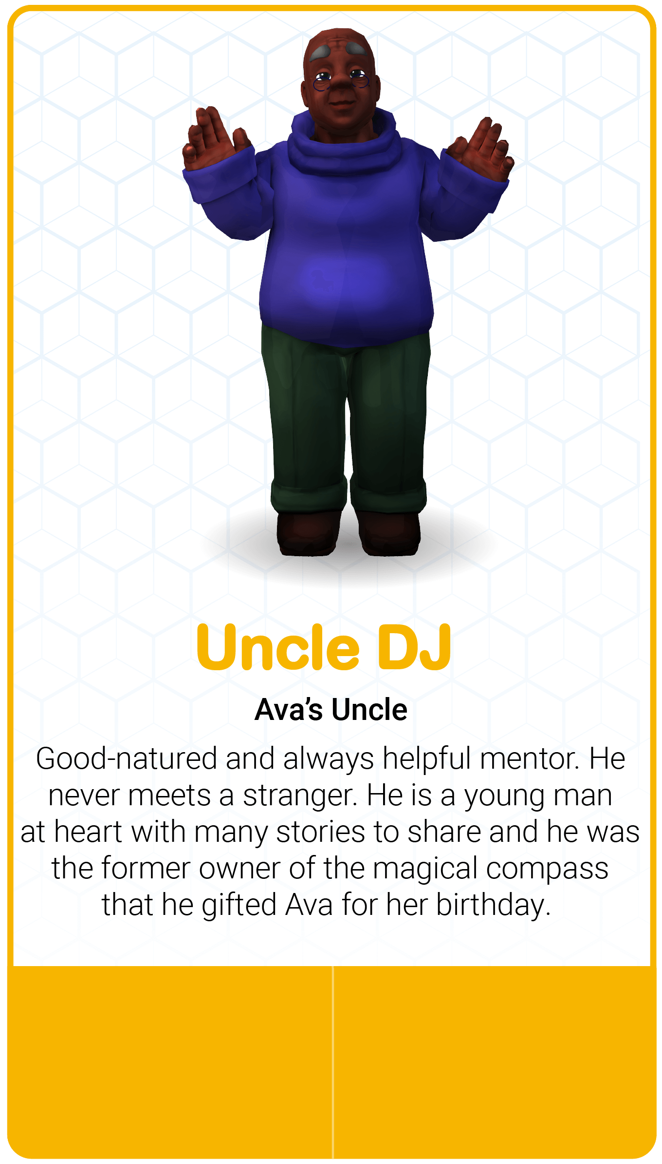 Uncle DJ character description card.
