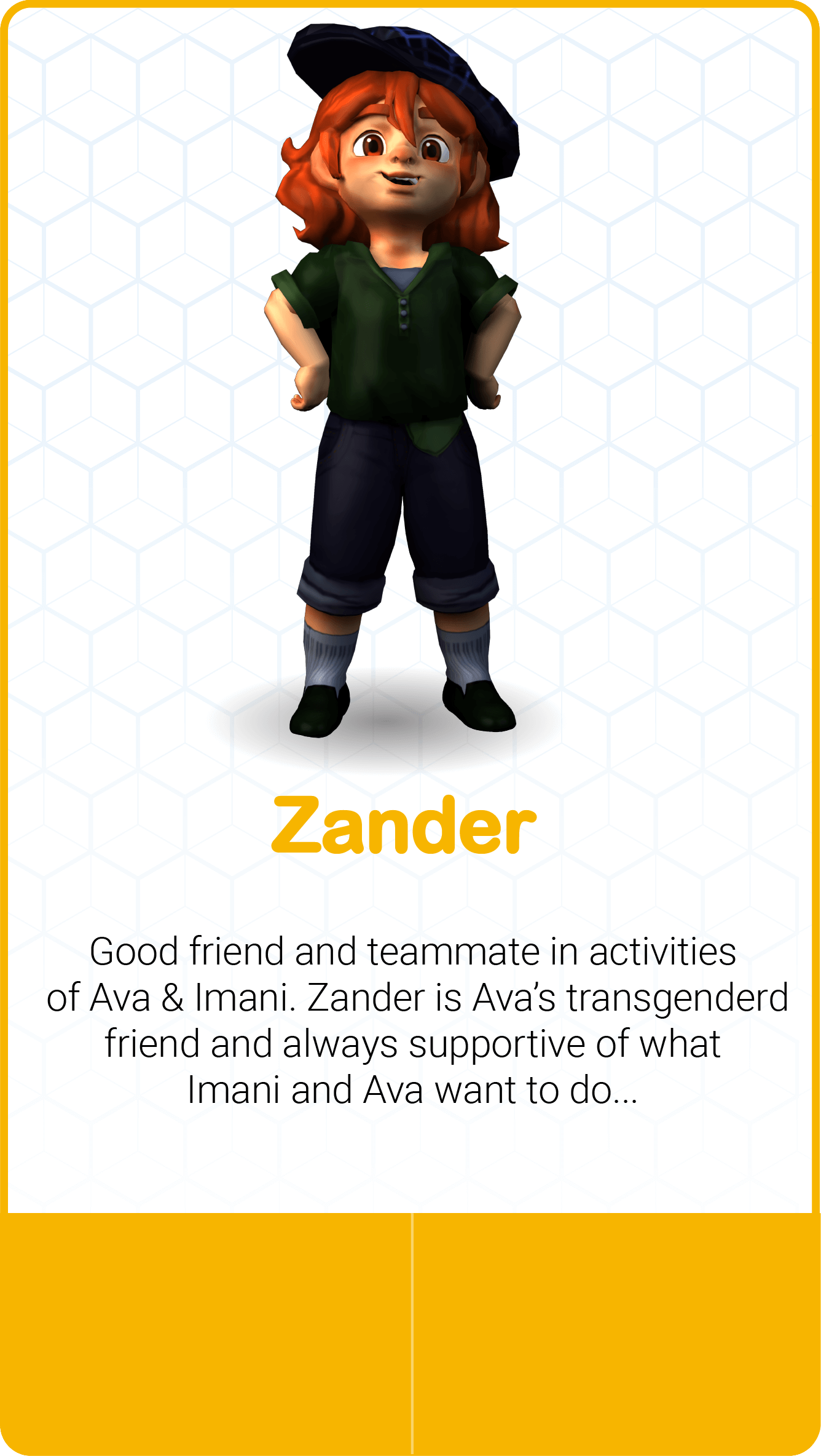 Character Zander standing confidently with description.