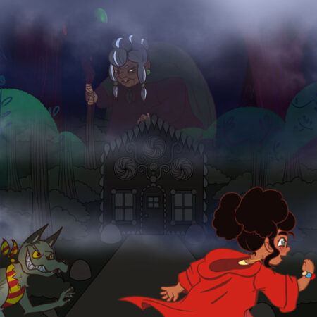 A cartoon of a woman in red and a man in black