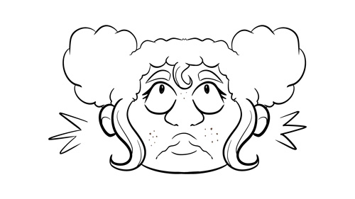 A drawing of an angry face with two puffs on it's head.