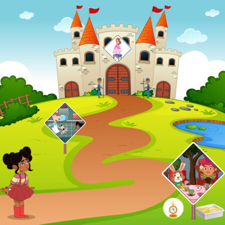A girl is standing in front of a castle.