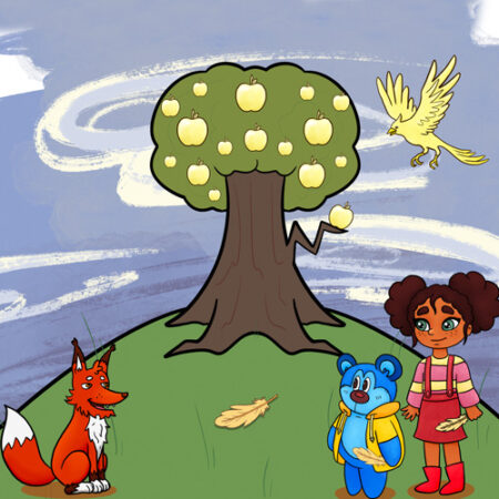 A girl and two animals standing next to a tree.