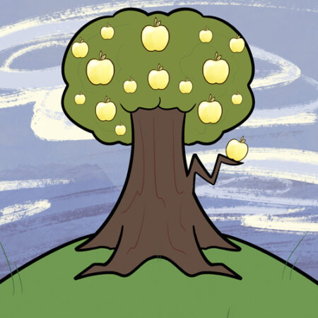 A cartoon of an apple tree with apples on it.