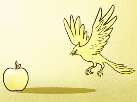 A bird flying over an apple to eat it.