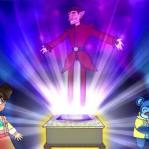 A cartoon of a man standing on top of a box.